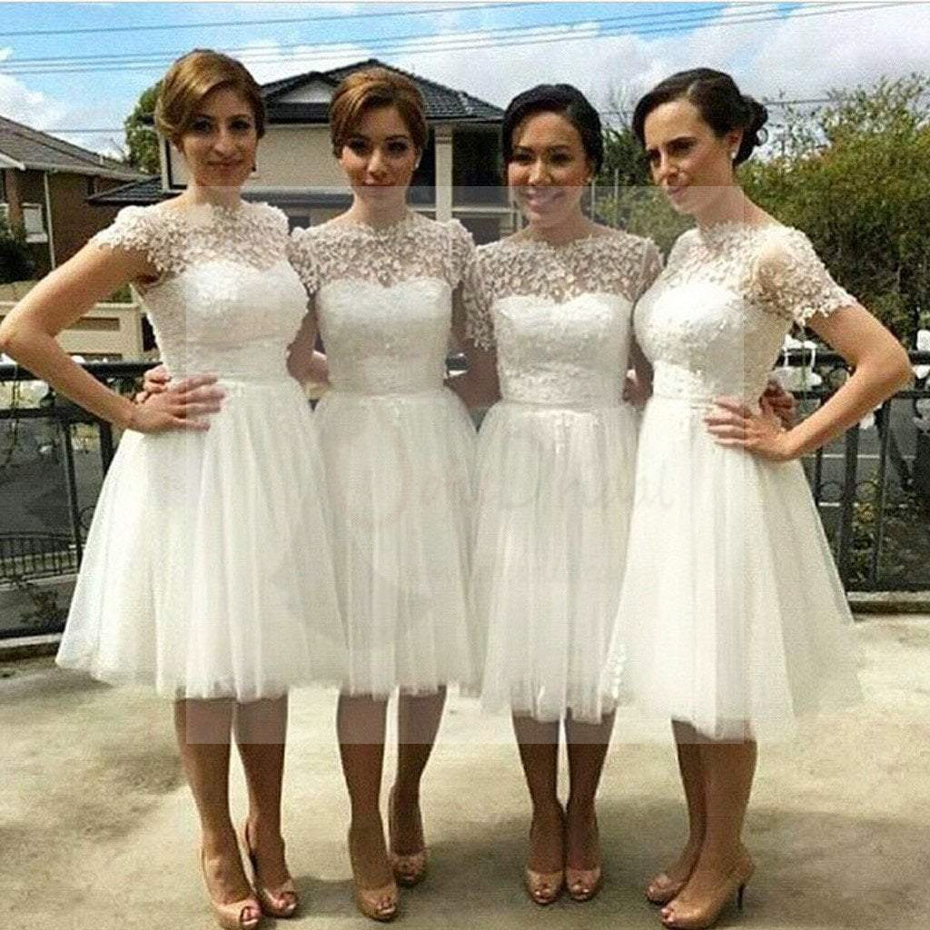 Modern Lace A Line Knee-length 3/4 Length Sleeve Bateau Wedding Dress with  Bow - UCenter Dress