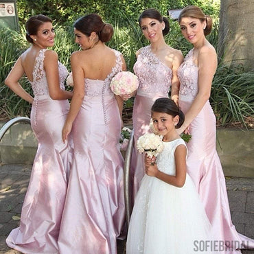 One Shoulder Lace Top Satin Pink Mermaid Bridesmaid Dresses, PD0309