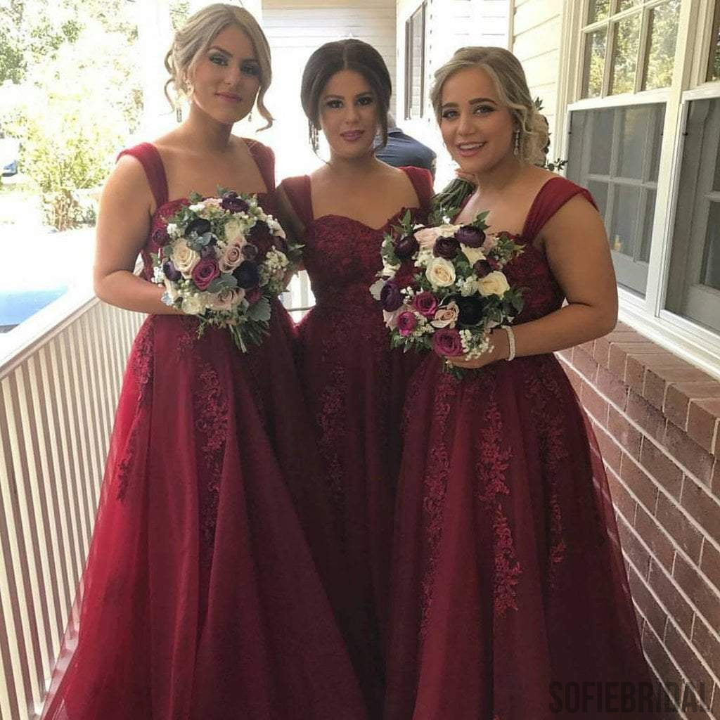Maroon Strap Long A-line Lace Tulle Bridesmaid Dresses, PD0249
