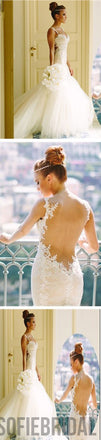 Sexy Mermaid Backless Spaghetti Lace Cheap Tulle Wedding Dresses, WD0147