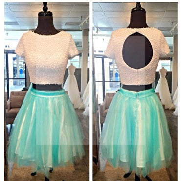 Short sleeve two pieces beaded open back unique cute for teens  homecoming prom dresses, BD00148