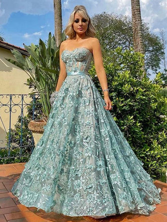 Lovely Sweetheart A-line Tulle Appliques Long Prom Dresses,SFPD0134