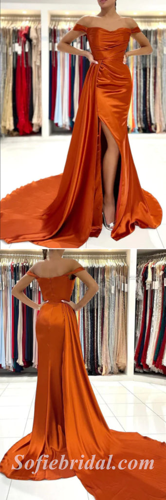 Sexy Burnt-Orange Satin Off Shoulder Side Slit Mermaid Long Prom Dresses With Trailing,SFPD0480