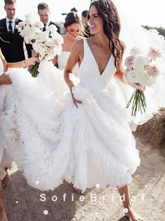 New Arrival A-Line V-Neck Sleeveless White Long Wedding Dresses,SFWD0014