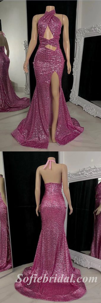 Sexy Sequin Halter Sleeveless OPen Back Side Slit Mermaid Long Prom Dresses,SFPD0416