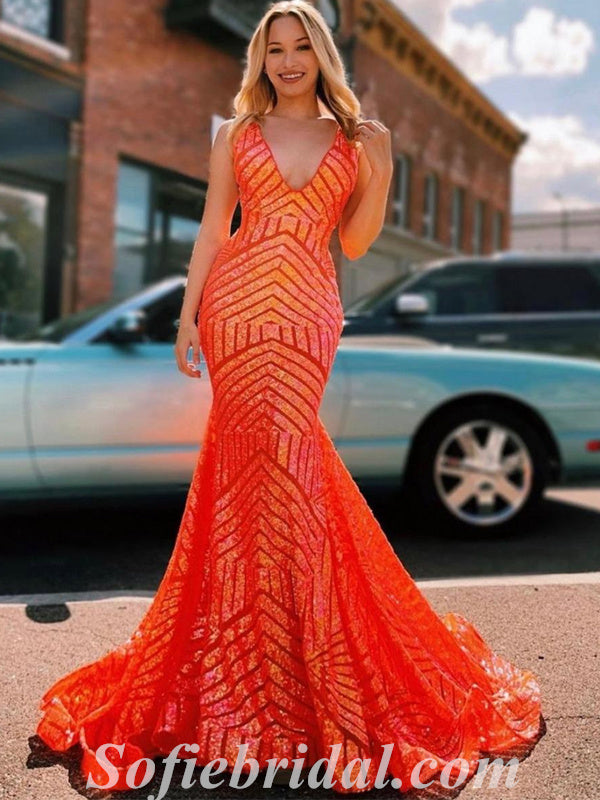 Sexy Shiny Sequin Spaghetti Straps V-Neck Sleeveless Mermaid Long Prom Dresses,SFPD0462