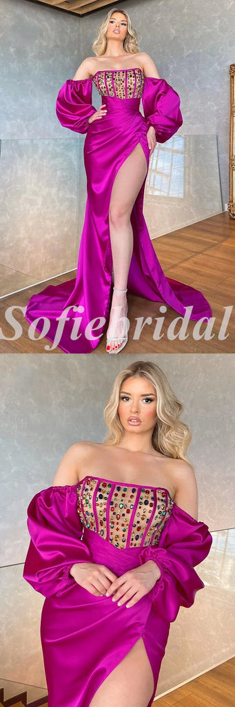 Sexy Off Shoulder Long sleeve Side Slit Meremaid With Rhinestone Long Prom Dresses,SFPD0705