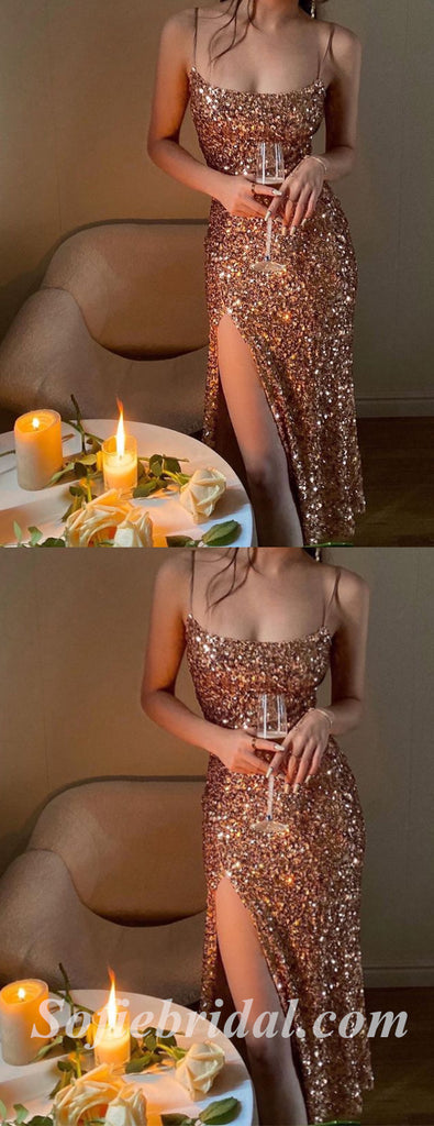 Sexy Charming Sequin Spaghetti Straps Sleeveless Side Slit Sheath Ankle Length Prom Dresses,SFPD0525