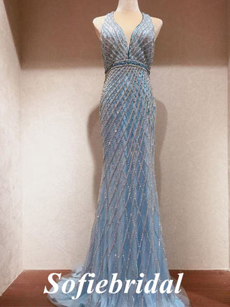Elegant Special Fabric Spaghetti Straps V-Neck Sleeveless Mermaid Long Prom Dresses,PD0742