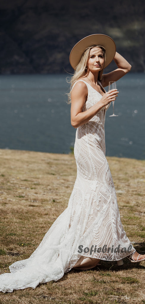 Sexy Mermaid Spaghetti Straps V-neck Lace Wedding Dresses Online,SFWD0035