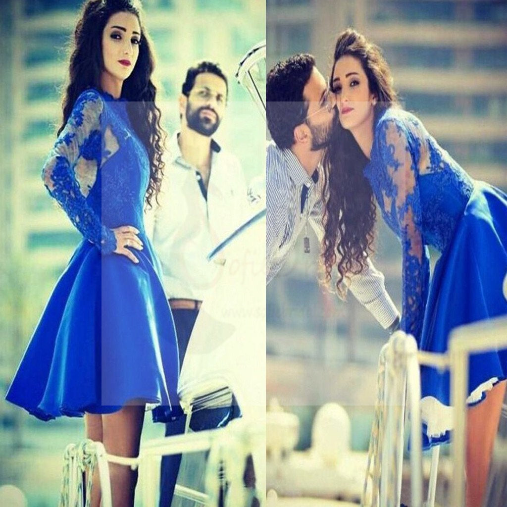 Long Sleeve Royal blue elegant vintage beauty ball gown casual homecoming prom dresses, BD00156