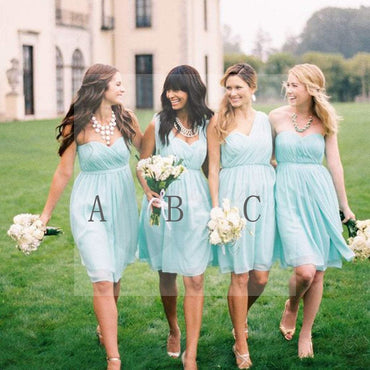 Chiffon Mismatched Simple Styles Junior Knee Length Blue Cheap Short Wedding Party Dresses, WG157