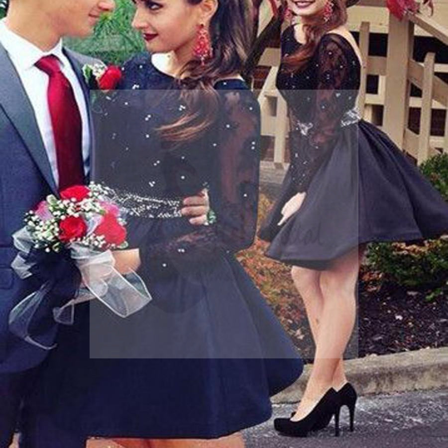 Long sleeve black beaded open back simple sexy charming homecoming prom gown dresses, BD00157