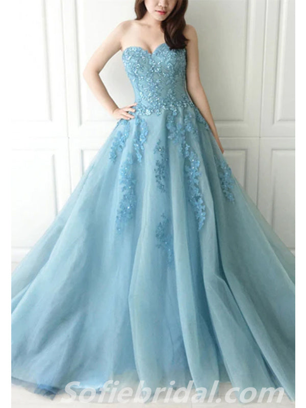 Elegant Blue Tulle Sweetheart Applique A-Line Long Prom Dresses,SFPD0321