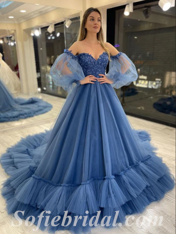 Elegant Tulle Off Shoulder V-Neck Long Sleeve A-Line Long Prom Dresses SofieBridal Elegant Tulle Off Shoulder V-Neck Long Sleeve A-Line Long Prom Dresses SofieBridal
