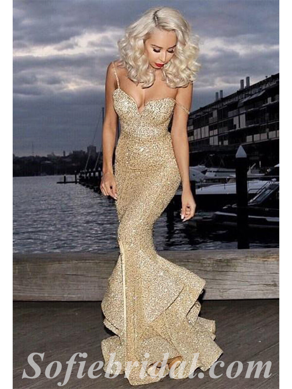 Sexy Gold Sequin Spaghetti Straps V-Neck Sleeveless Mermaid Long Prom Dresses,SFPD0390