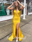 Sexy Soft Satin Spaghetti V-Neck Sleeveless Open Back Side Slit Mermaid Long Prom Dresses,PD0780