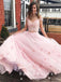 A-Line Off The Shoulder Two Piece Pink Tulle Long Prom Dresses With Lace,SFPD0015
