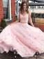 A-Line Off The Shoulder Two Piece Pink Tulle Long Prom Dresses With Lace,SFPD0015