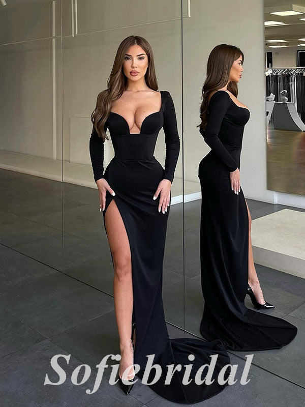 Sexy Jersey Long Sleeves V-Neck Side Slit Mermaid Long Prom Dresses, PD0842