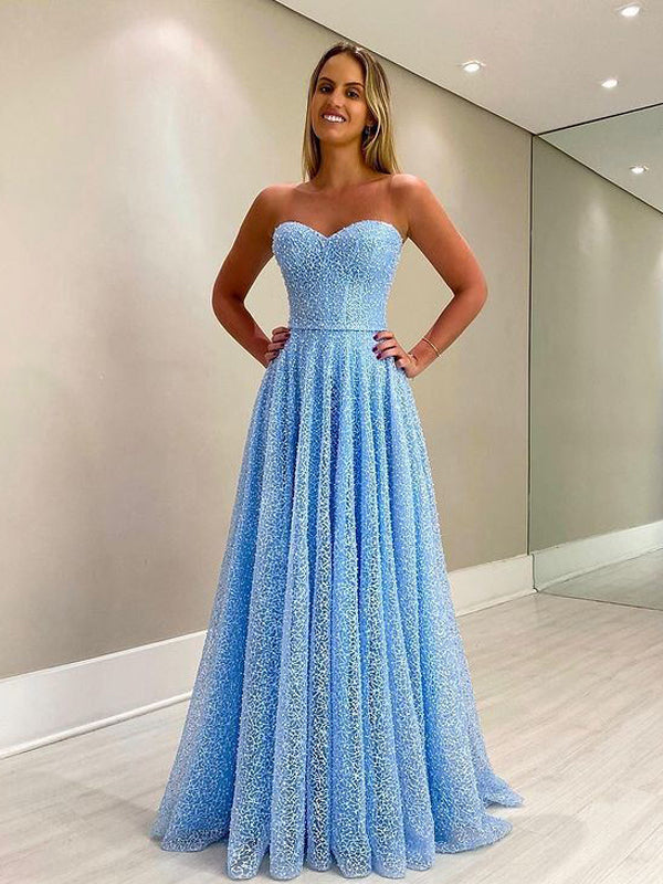Ball Gown Sweetheart Tulle Sky Blue Prom Dress with Sequins – misshow.com
