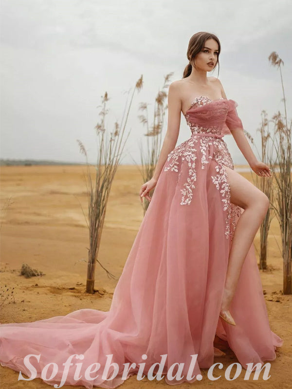 Elegant Tulle One Shoulder Sleeveless Side Slit A-Line Long Prom Dresses With Applique,SFPD0593