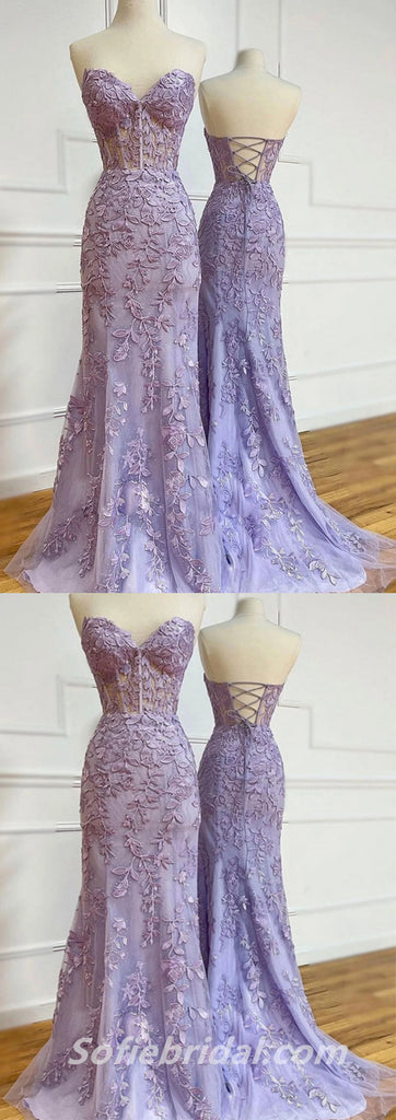 Purple Lace Sweetheart Strapless Lace Up Mermaid Long Prom Dresses, Formal Dresses,SFPD0289