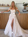 A-Line Charming V-neck Side Slit Long Wedding Dresses With Lace,SFWD0009