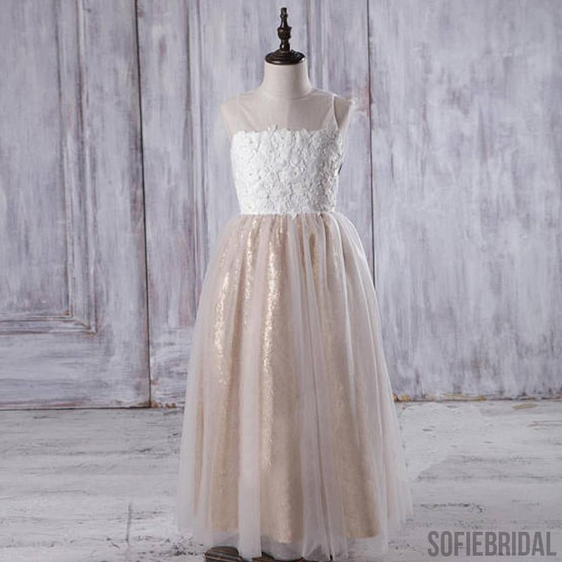 Illusion Ivory Lace Tulle Flower Girl Dresses With Gold Sequin Skirt, Cheap Junior Bridesmaid Dresses, FG060