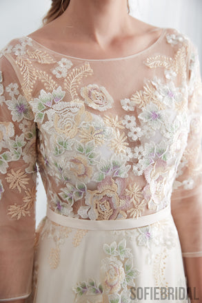 A-line 3/4 Sleeves V-back Full Lace Elegant Wedding Dresses