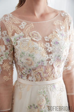 A-line Floor-length 3/4 Sleeves See-though Embroidery Wedding Dresses, WD0466