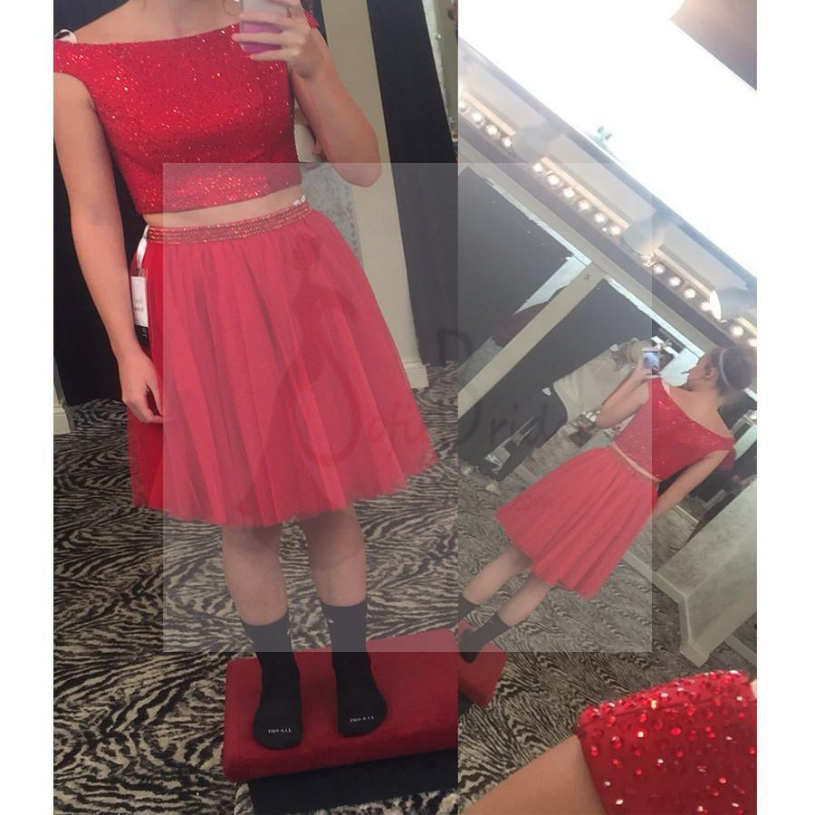 Short blush red cap sleeve two pieces sparkly lovely freshman homecoming prom dresses, BD00162