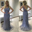 Gorgeous V-Neck Rhinestone Beaded Long Mermaid Tulle Prom Dresses, PD0253