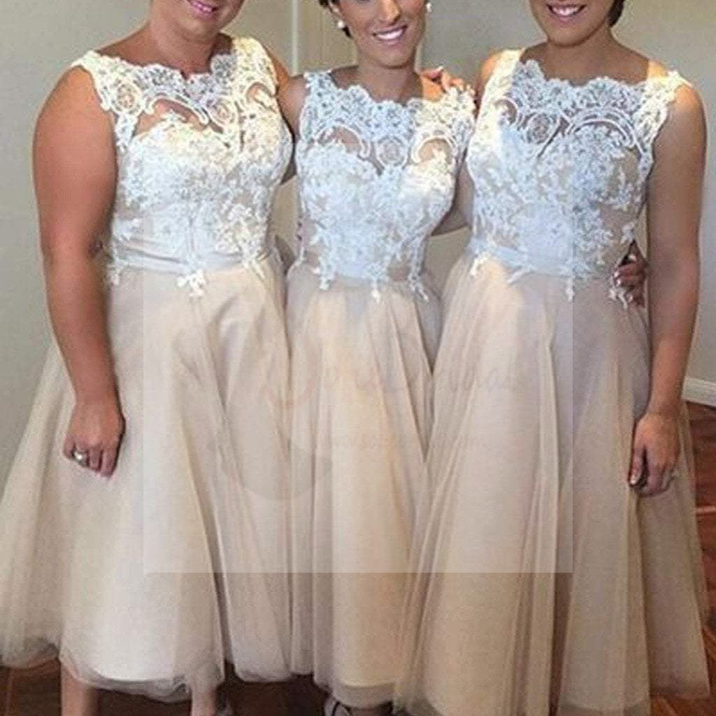 Pretty Iovry Lace Top Tulle Tea Length Affordable Bridesmaid Dresses for Wedding Party, WG166