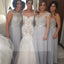 Popular Women Mismatched Lace Top Grey Chiffon Formal Floor Length Cheap Bridesmaid Dresses, WG168