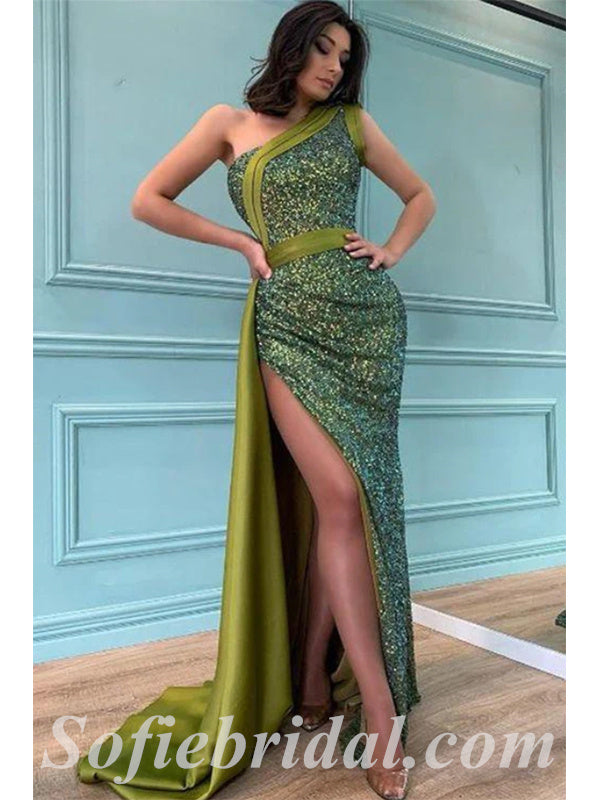 Sexy Green Satin Sequin One Shoulder Mermaid Long Prom Dresses With Side Slit,SFPD0437