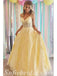 Elegant Yellow Lace And Tulle Spaghetti Straps V-Neck Lace Up Back A-Line Long Prom Dresses,SFPD0473