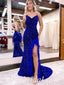 Sexy Charming Royal Blue Sequin Spaghetti Straps V-Neck Sleeveless Side Slit Mermaid Long Prom Dresses With Feather,SFPD0532