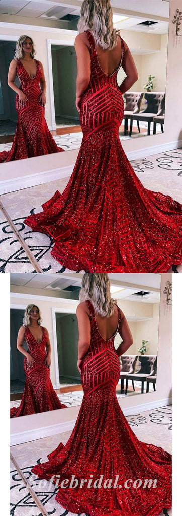 Sexy Shiny Sequin Spaghetti Straps V-Neck Sleeveless Mermaid Long Prom Dresses,SFPD0464