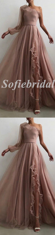 Elegant Tulle And Chiffon One Shoulder Long Sleeves Side Slit A-Line Long Prom Dresses, PD0825