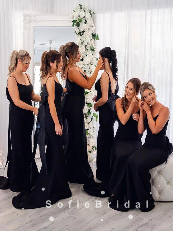 Mermaid Spaghetti Straps Black Long Bridesmaid Dresses With Bow