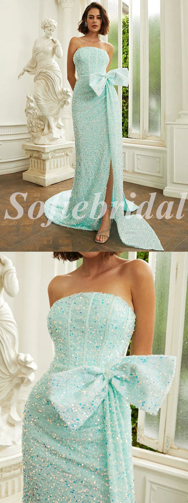 Sexy Sequin Sweetheart Sleeveless Side Slit Mermaid Long Prom Dresses With Dow Tie,PD0812
