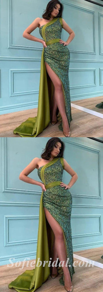 Sexy Green Satin Sequin One Shoulder Mermaid Long Prom Dresses With Side Slit,SFPD0437
