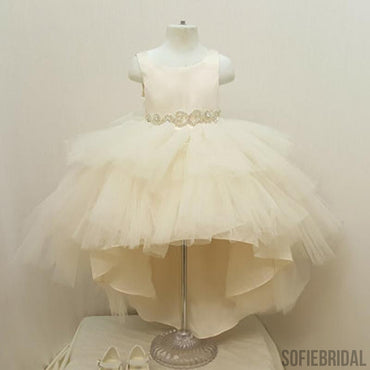 Ivory Satin Top Rhinestone Belt Hi-low Tulle Flower Girl Dresses,  Cheap Little Girl Dresses, FG028