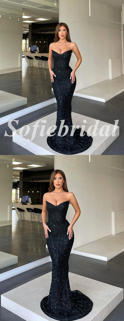 Sexy Black Sequin Sweetheart V-Neck Mermaid Long Prom Dresses, PD0843