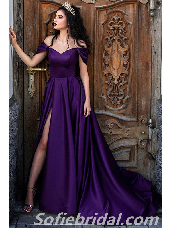 Elegant Purple Satin Off Shoulder V-Neck A-Line With Side Slit Long Pr SofieBridal Elegant Purple Satin Off Shoulder V-Neck A-Line With Side Slit Long Pr SofieBridal