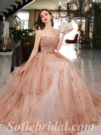 Gorgeous Tulle Sweetheart Sleeveless A-Line Long Prom Dresses/Ball Gown With Applique And Beading,SFPD0517