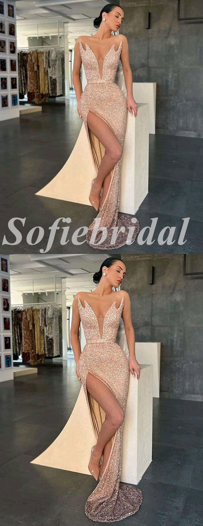 Sexy Sequin Sweetheart V-Neck Sleeveless Side Slit Mermaid Long Prom Dresses,SFPD0585