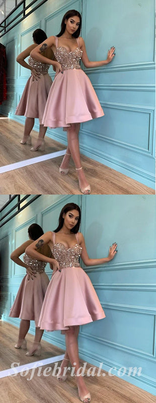 Sexy Sequin Top Satin Bottom Spaghetti Straps V-Neck Sleeveless A-Line Prom Dresses/Homecoming Dresses,SFPD0367