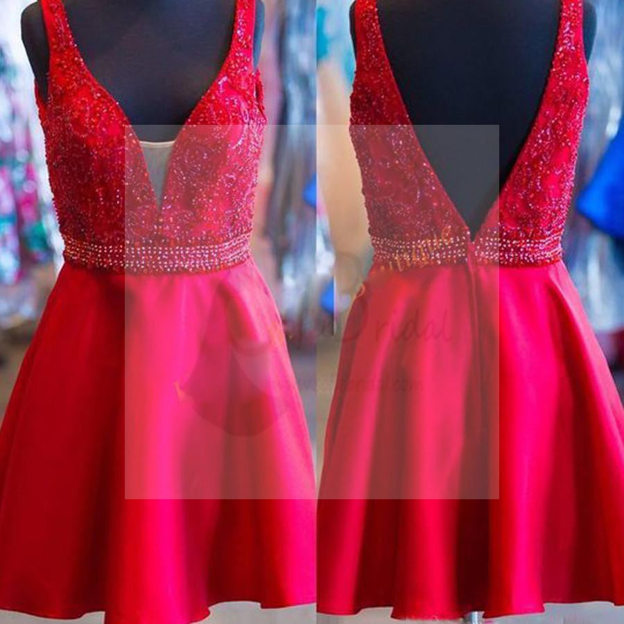 Sexy V-neck Red Satin Beaded Homecoming Prom Dresses, SF0056